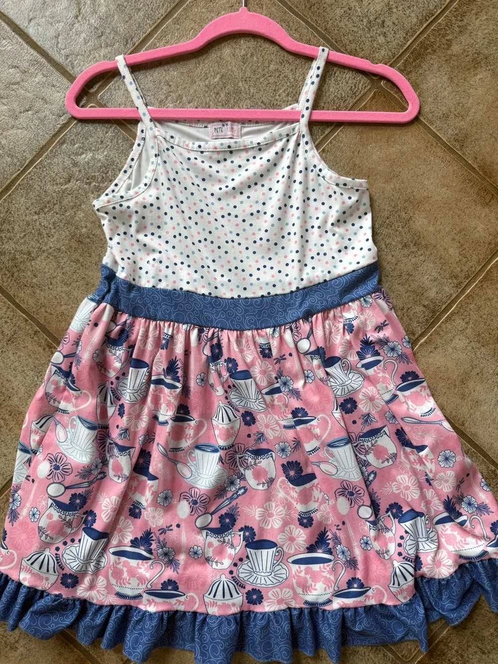 Girls Pink Tea Party Print Sundress with Navy Accents